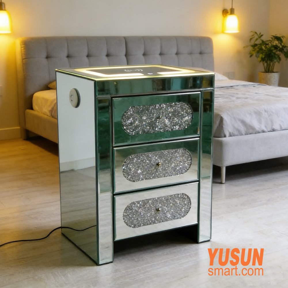 Luxury LED Mirror Nightstand with 3 Drawers and Crystal Decoration