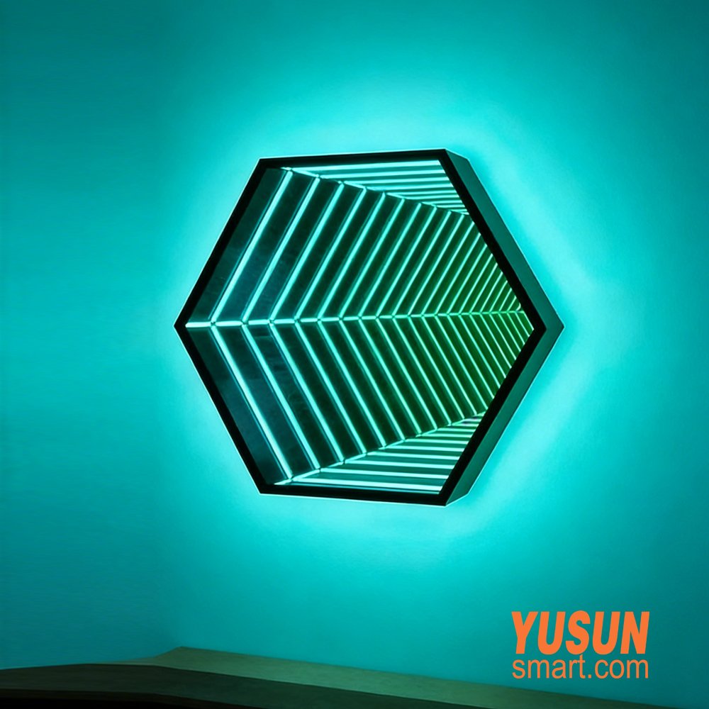 Six polygon RGB Infinity Mirror Tunnel Light with Green Neon Effect
