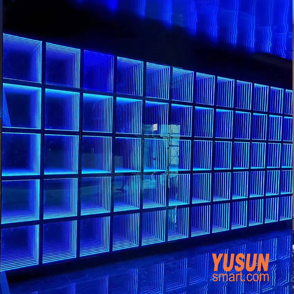 Large Grid RGB Infinity Mirror LED Tunnel Wall with Deep Blue Neon Light for Nightclub KTV Decor