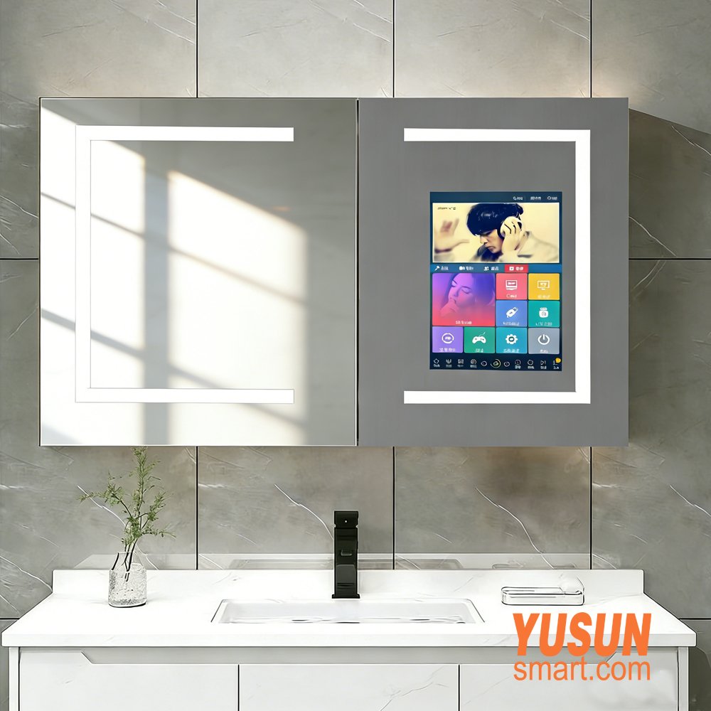 Modern Smart Bathroom Mirror Cabinet Installed in Bathroom with Touch Screen LED Light