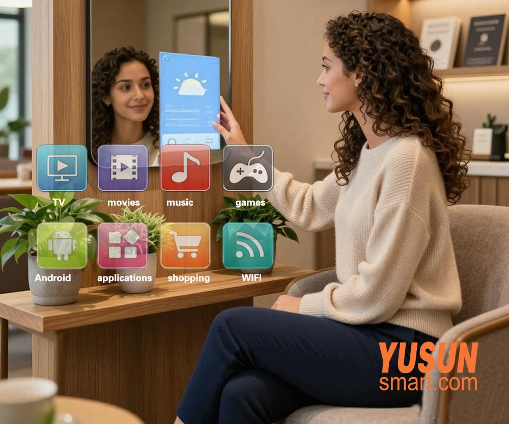 Woman Using 21.5 Inch Smart Magic Mirror with Android OS & Touch Control