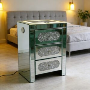 Luxury LED Mirror Nightstand with 3 Drawers and Crystal Decoration