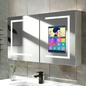 Smart Bathroom Mirror Cabinet with Touch Screen Double-Door LED Light
