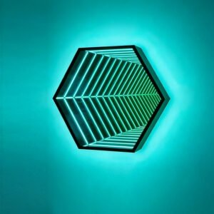 Shop Six polygon RGB Infinity Mirror, a sound-activated 3D neon magic mirror with remote control. Perfect for gaming rooms, bars, KTV, hotels, and commercial decor. Custom designs available.