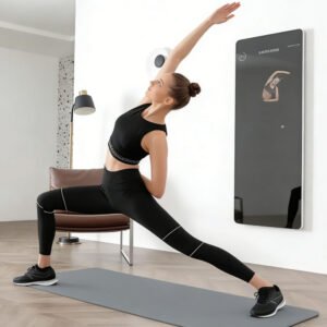 Woman Doing Yoga with 15.6 Inch Smart Fitness Mirror at Home