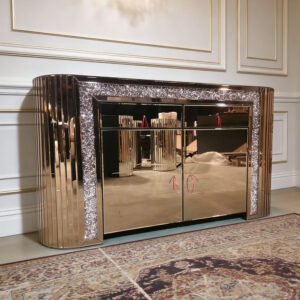 Brown Round-Cornered Mirror Sideboard, Luxury Mirrored Buffet with Crushed Diamond, YUSUNSMART