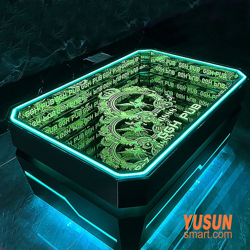 abyss coffee table, green LED infinity mirror table for KTV bar, YUSUNSMART