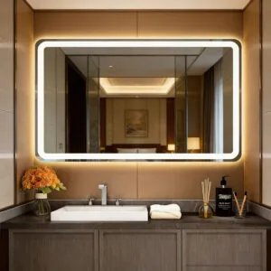 rectangular wall mounted LED bathroom mirror, anti-fog 3 color dimmable light for hotel bathroom