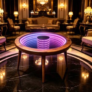 Luxurious abyss coffee table, round RGB LED infinity mirror table in luxury living room YUSUNSMART