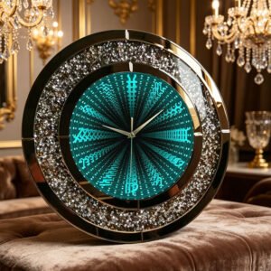 Round Infinity Mirror Clock with teal LED light and crystal rhinestone frame