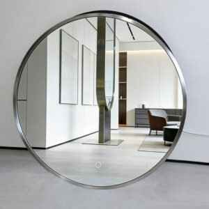 Round LED Bathroom Mirror with Lights Anti-Fog, Bluetooth Music, Black Frame Wall Mounted Smart Vanity Mirror YUSUNSMART