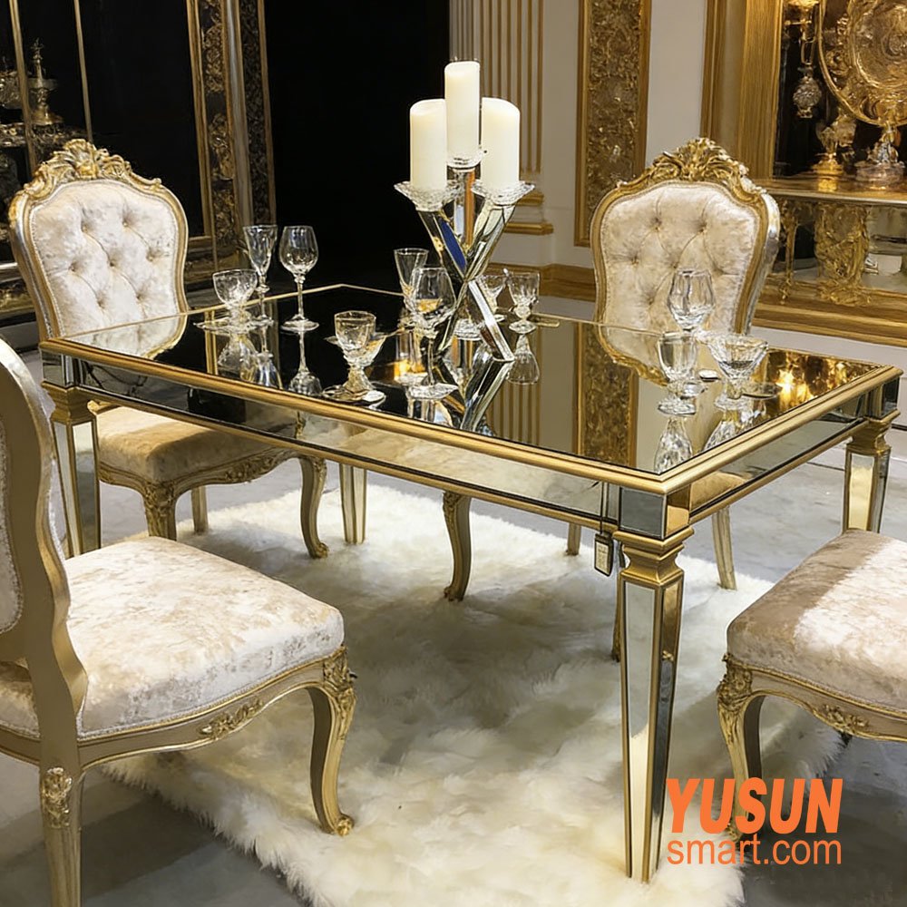 Luxury mirrored glass dining table champagne gold, European style for home dining room