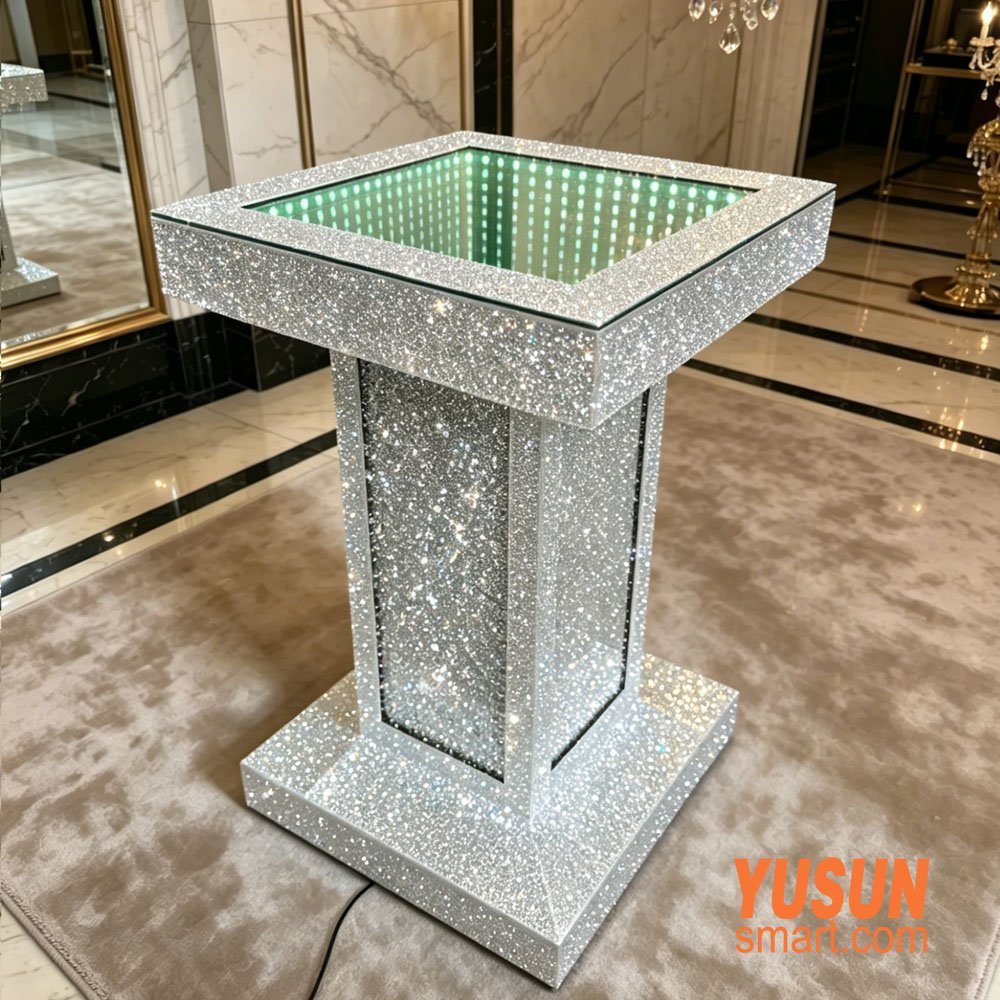 Abyss Mirror Corner Table side view with premium mirror finish and RGB lighting