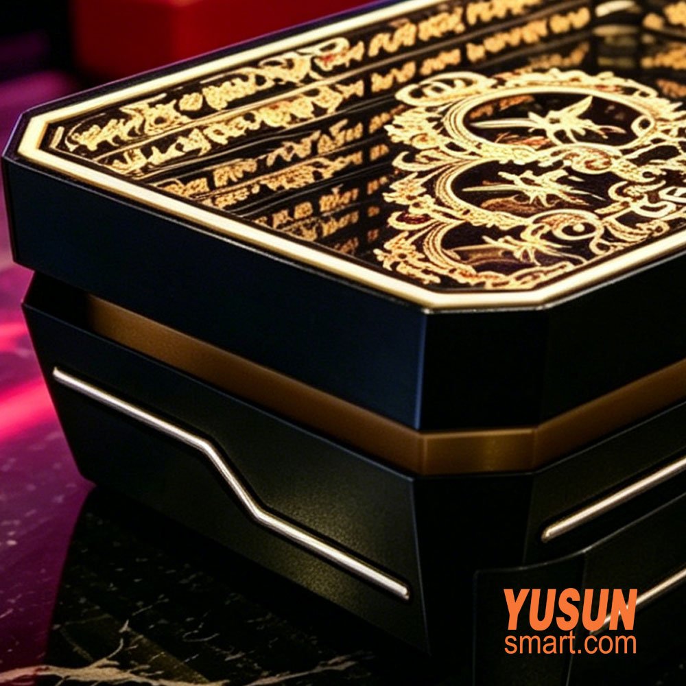 Close-up of music abyss coffee table, gold LED infinity mirror table detail YUSUNSMART