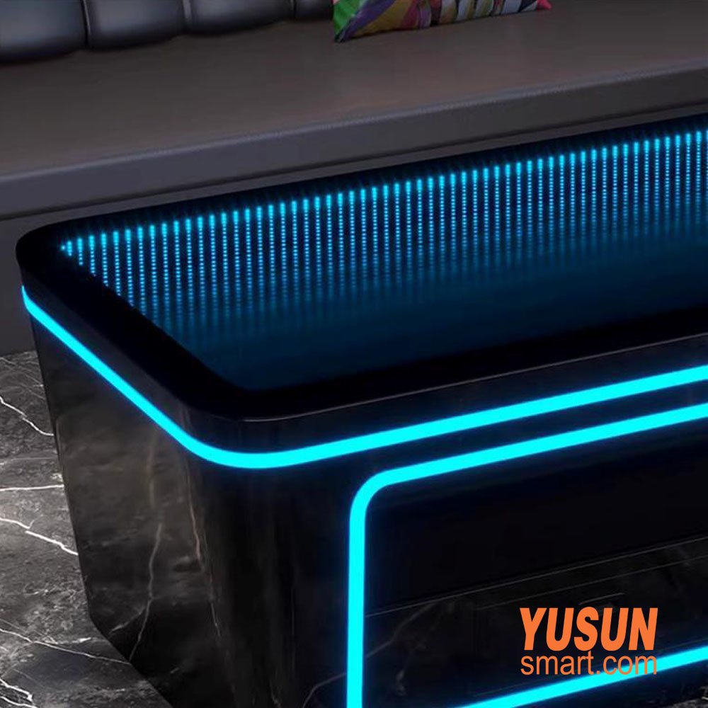 Close-up of Infinity Mirror Coffee Table LED light effect, YUSUNSMART