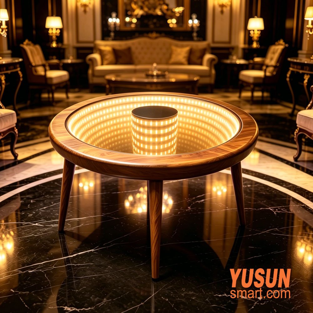 Luxurious abyss coffee table, round warm LED infinity mirror table in luxury living room YUSUNSMART