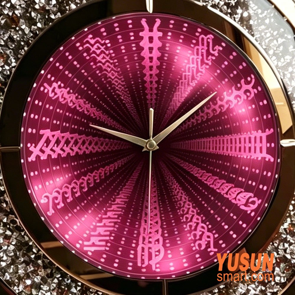 Close-up of Round Infinity Mirror Clock with pink LED dial and rhinestone border