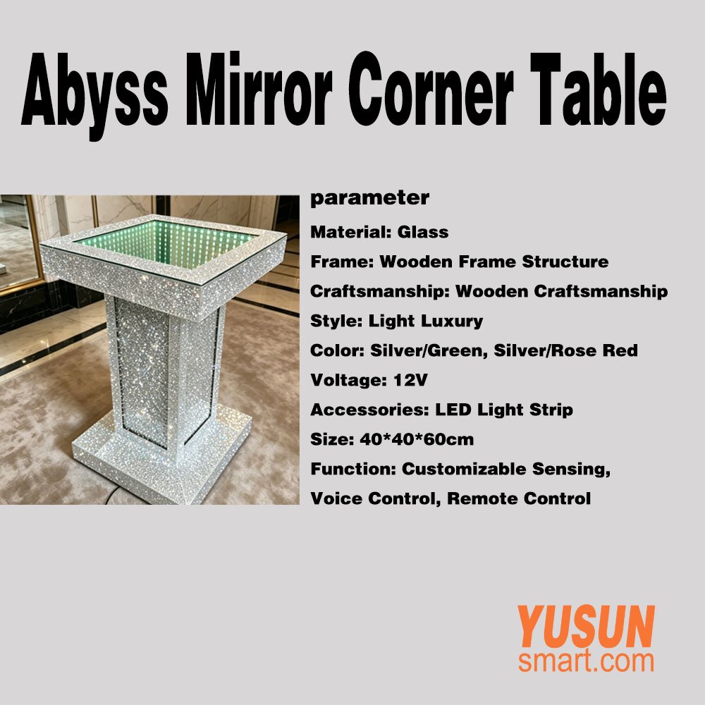 parameter of Abyss Mirror Corner Table with RGB LED Infinity Light, YUSUNSMART
