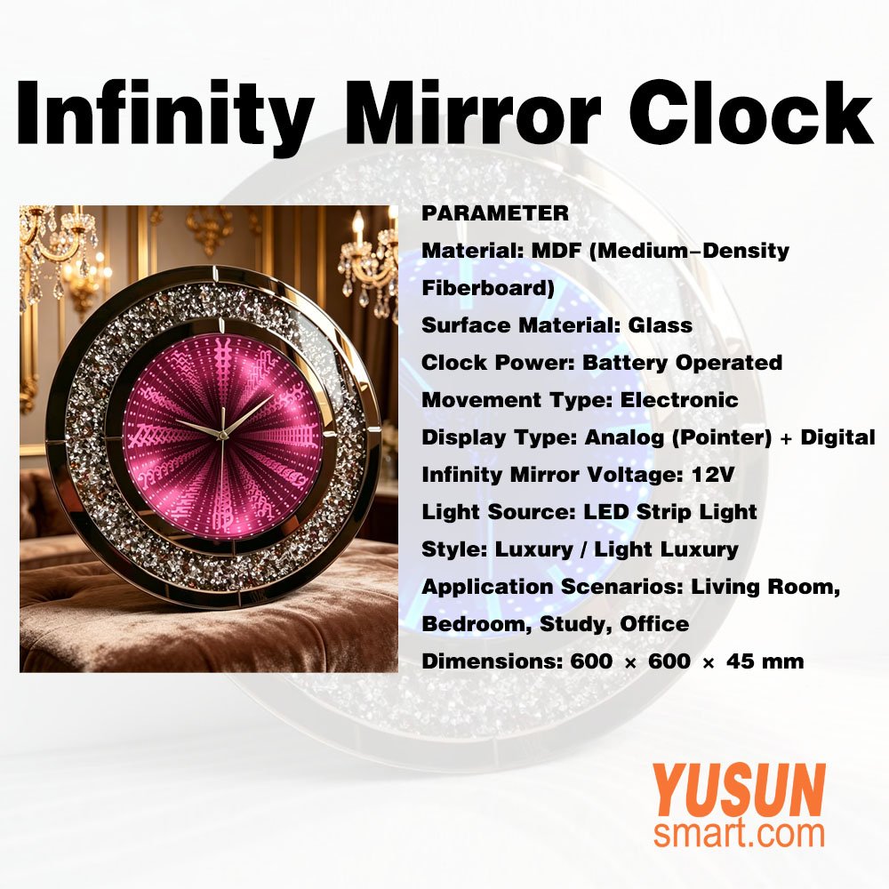 Round Infinity Mirror Clock specification sheet from YUSUNSMART