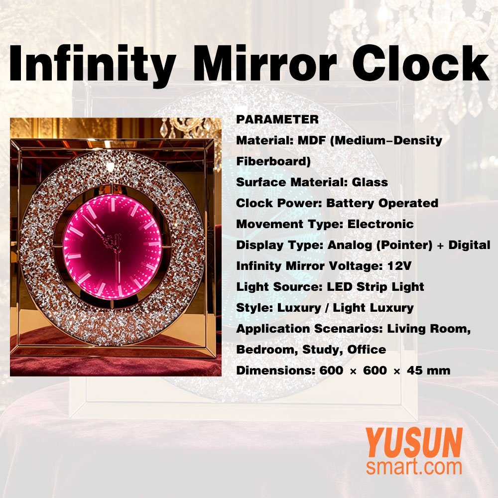 Close-up of YUSUNSMART Square Infinity Mirror Clock with pink LED dial