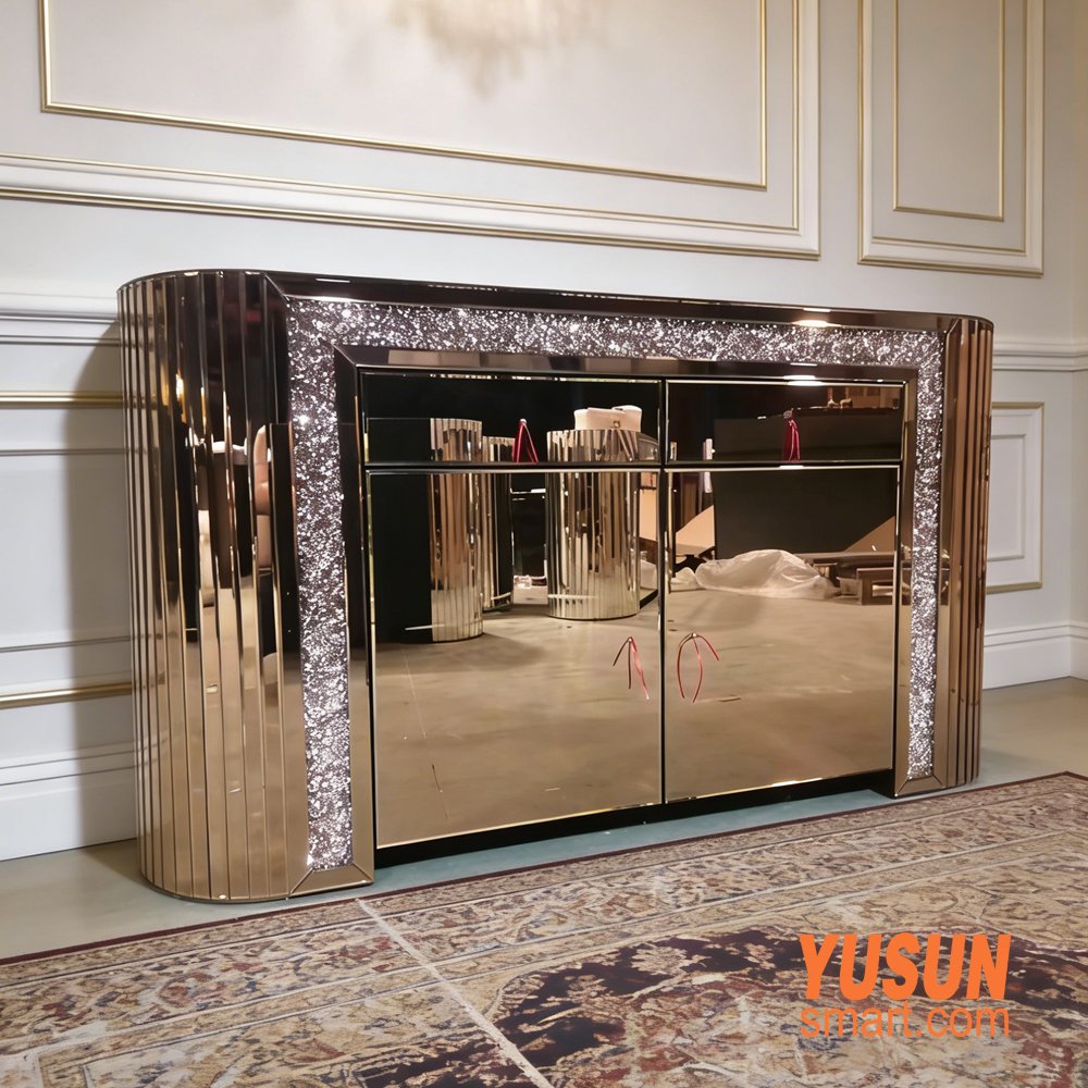 Brown Round-Cornered Mirror Sideboard, Luxury Mirrored Buffet with Crushed Diamond, YUSUNSMART