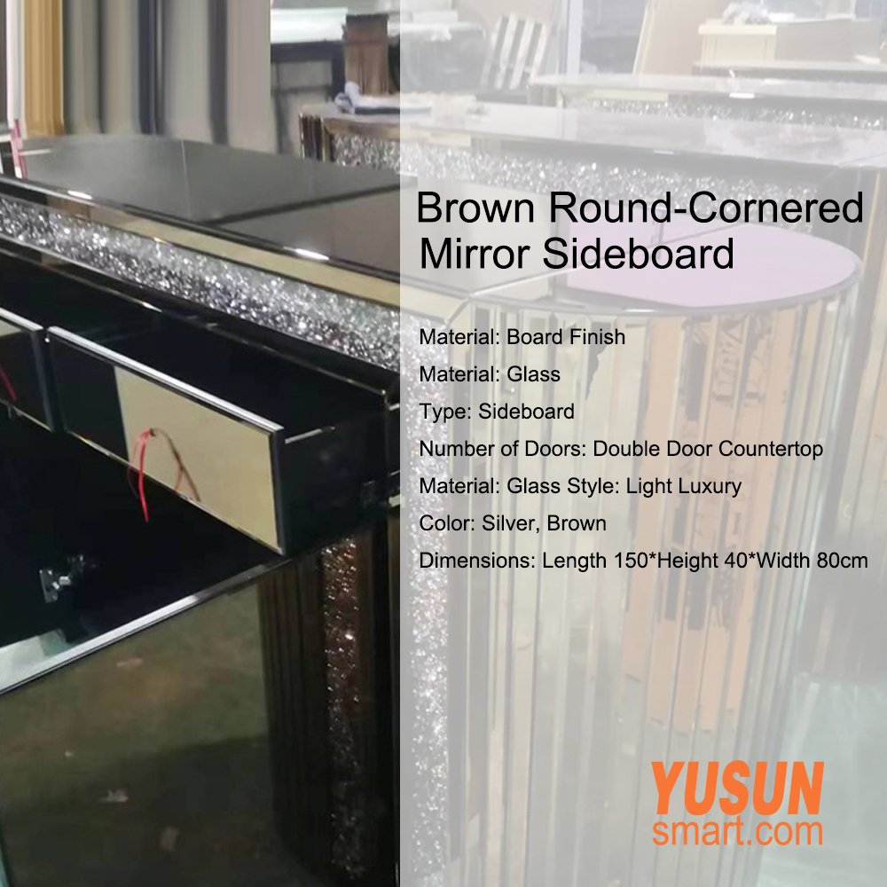 Luxury Mirrored Buffet Side View, Crushed Diamond Mirrored Sideboard for Hotel, YUSUNSMART