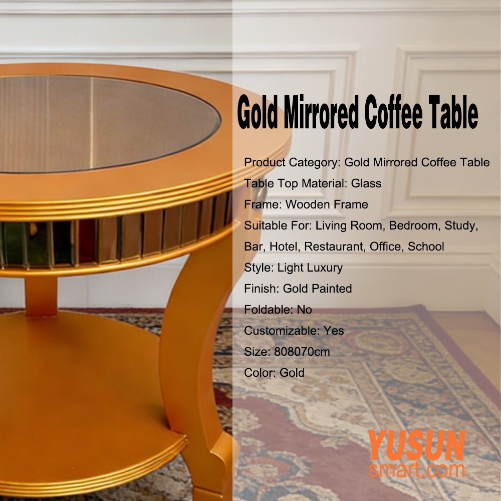 Round Gold Mirrored Coffee Table, Luxury Gold End Table for Bedroom, YUSUNSMART