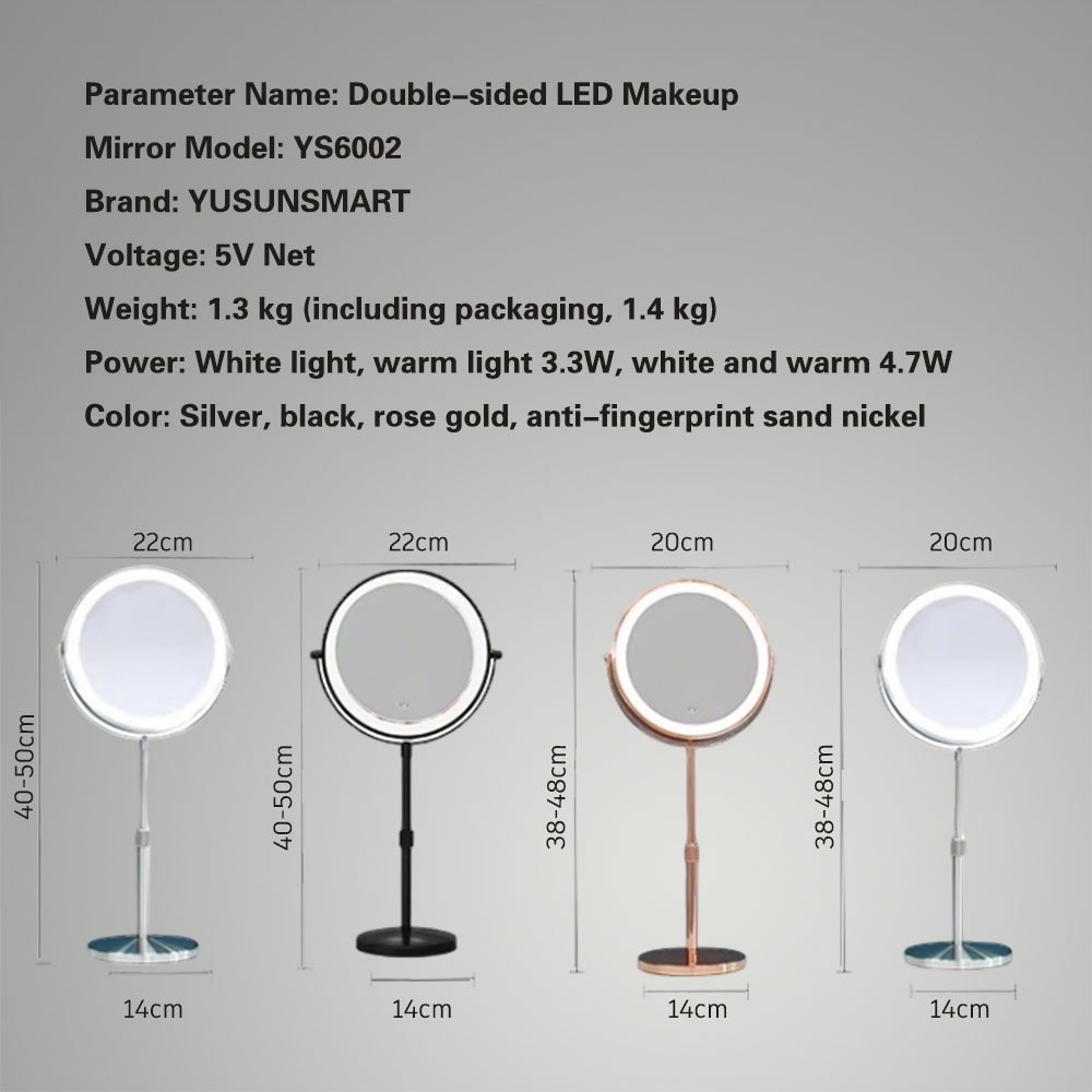 Double Sided LED Makeup Mirror with Lights - Size Chart & Product Parameters