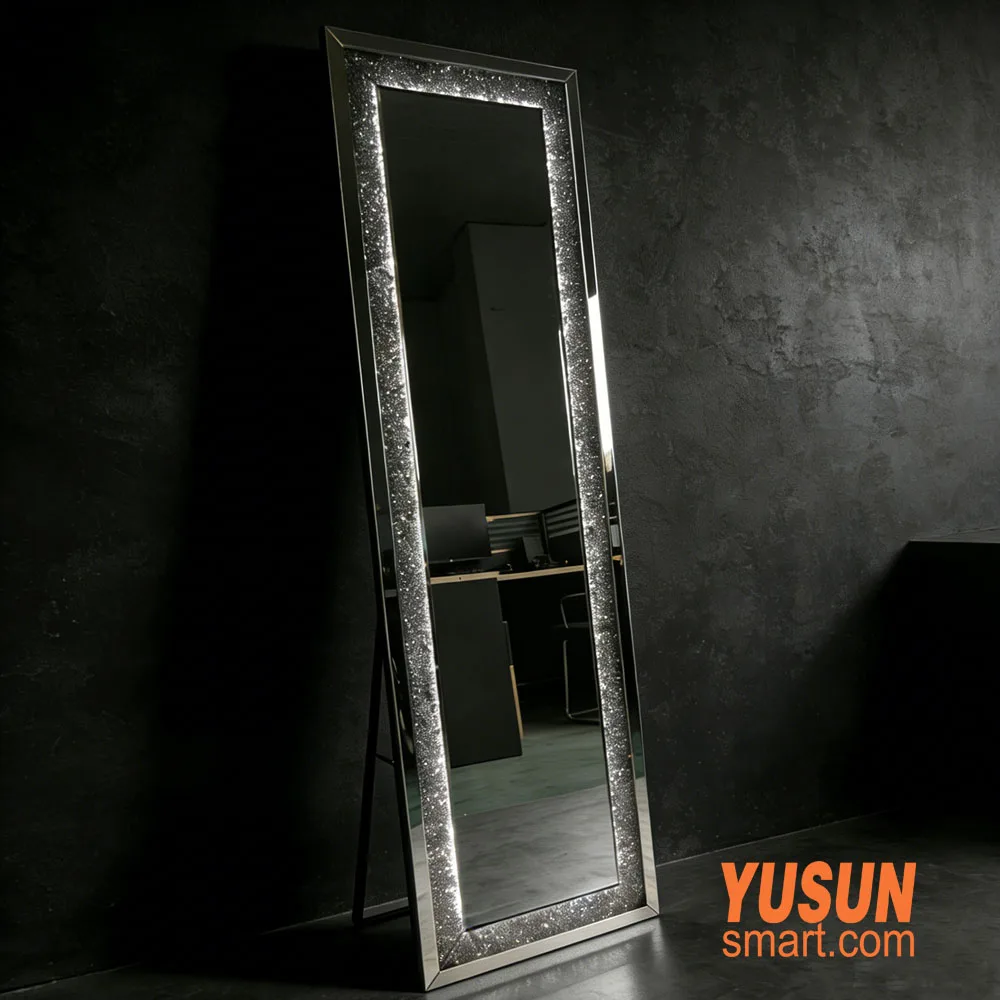 full-length mirror equipped with crystal border and switchable multi-temperature LED lights
