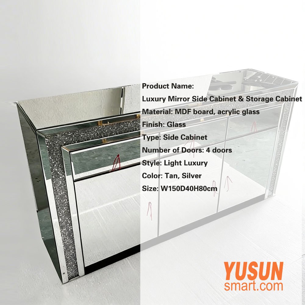 Mirrored side cabinet with diamond trim detail close up