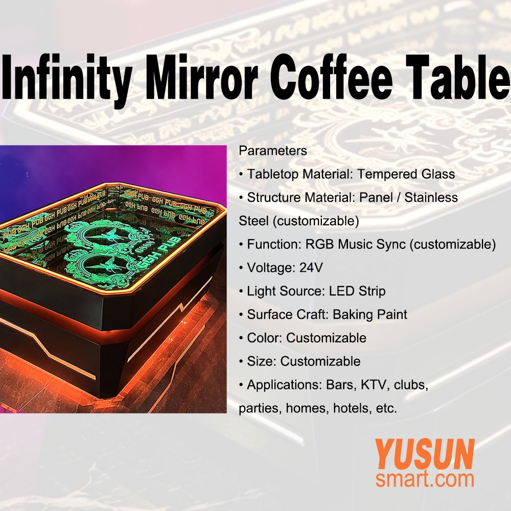  product spec sheet, RGB LED infinity mirror table parameters YUSUNSMART