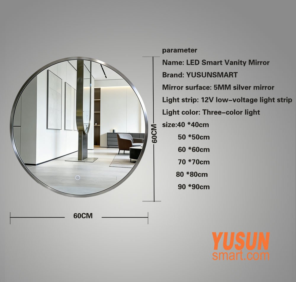 Round LED Vanity Mirror Size Options 40-90cm, 3 Color Dimmable LED Light, Anti-Fog Smart Bathroom Mirror