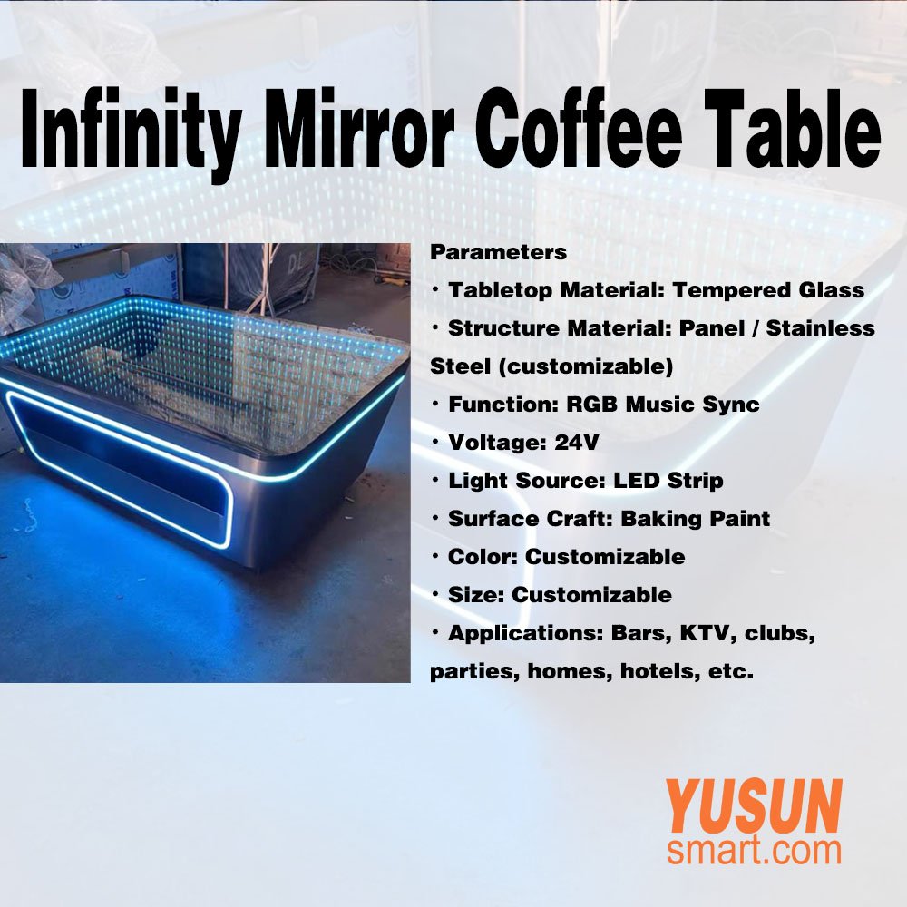 Infinity Mirror Coffee Table product spec sheet with parameters, YUSUNSMART