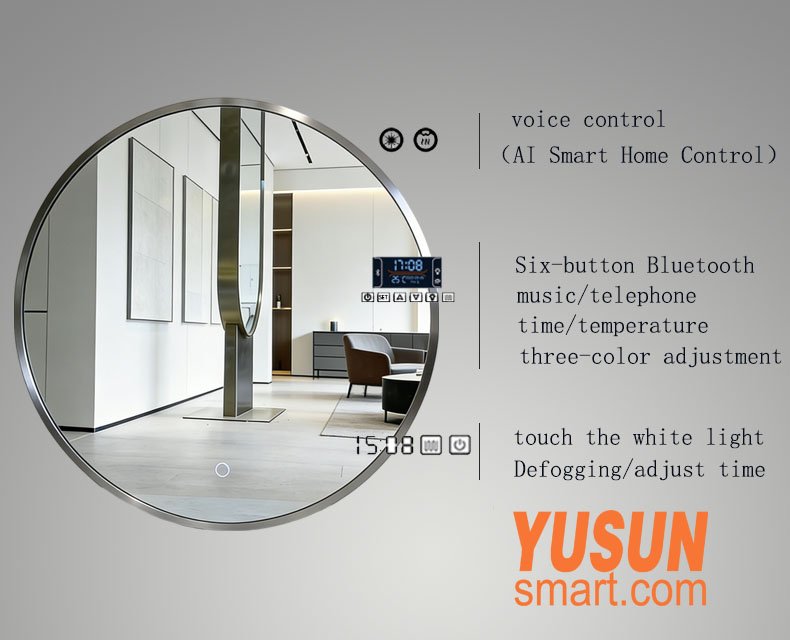 Smart Round LED Bathroom Mirror with Voice Control, Bluetooth Music, Time/Temperature Display, Defogging
