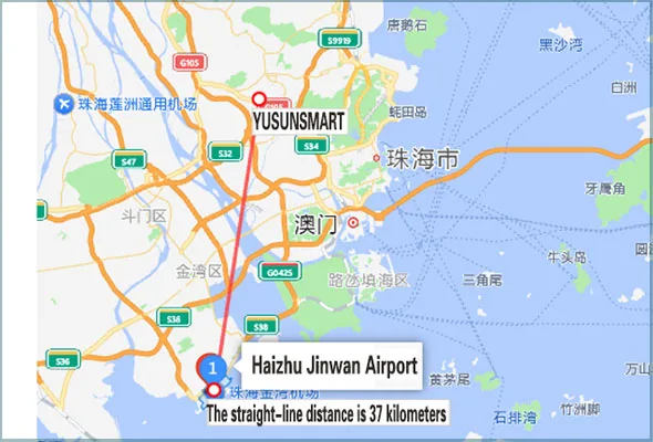 Route 1 — From Zhuhai Jinwan Airport, Approx. 37 km straight-line distance