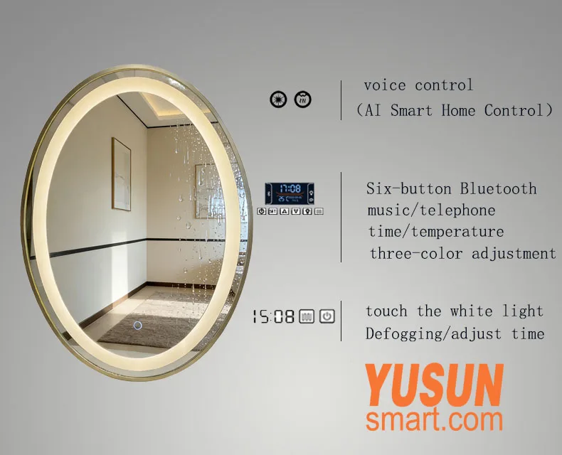 Oval Smart LED Bathroom Mirror Features Oval Smart LED Bathroom Mirror with Voice Control, Bluetooth Music, Time Temperature Display, YUSUN Smart