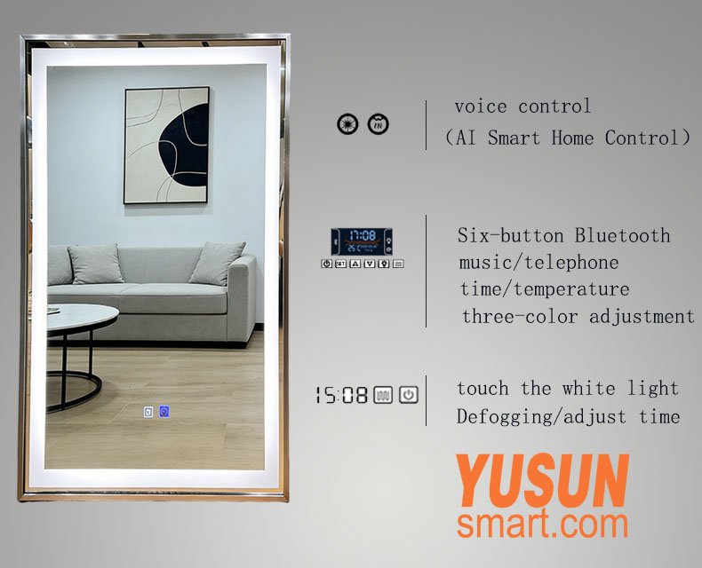 Smart LED Bathroom Mirror with Voice Control, Bluetooth Music, Time Temperature Display, Defogger, 3-Color Dimmable Light, YUSUN Smart