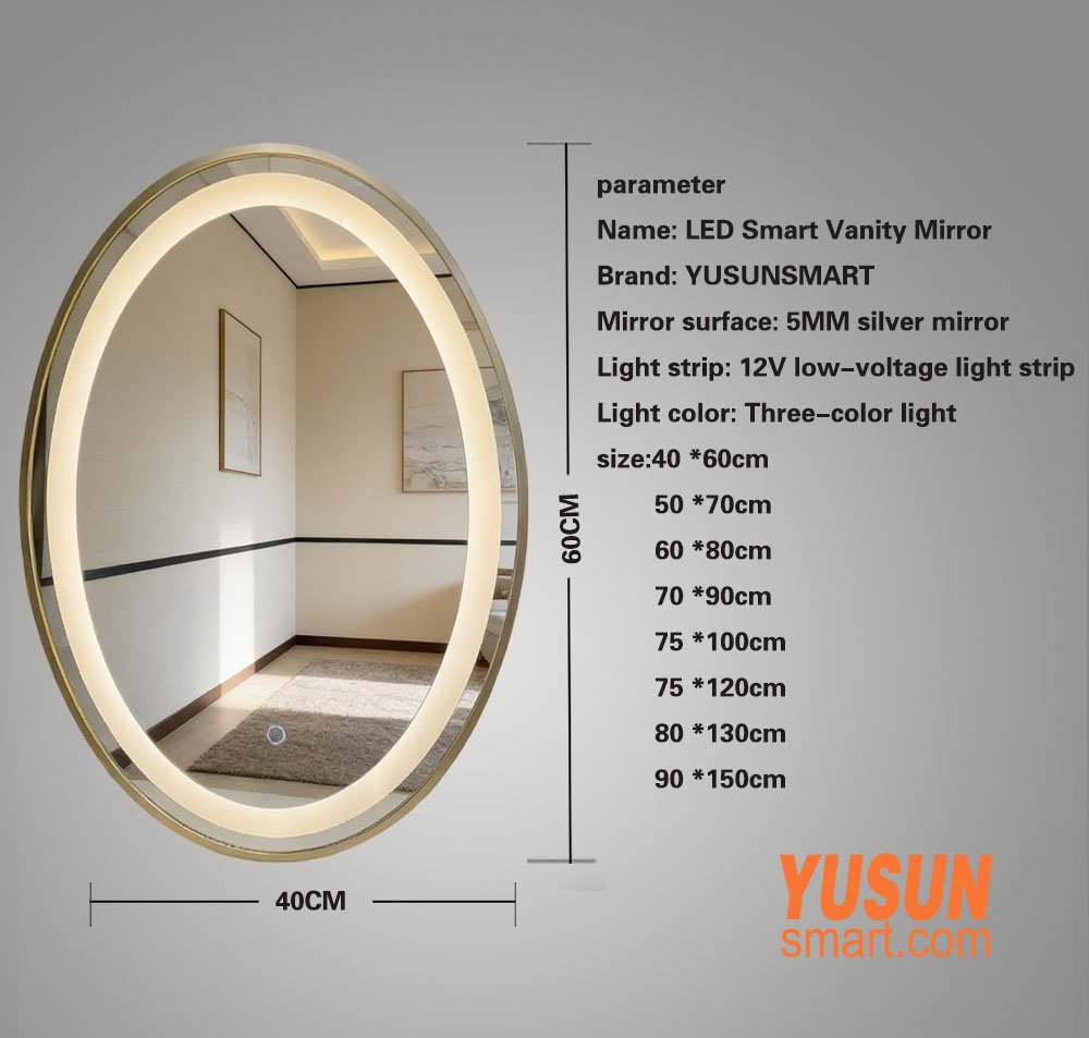 Oval LED Bathroom Mirror with Defogger Size Options 40x60cm to 90x150cm, 5MM Silver Mirror, YUSUN Smart