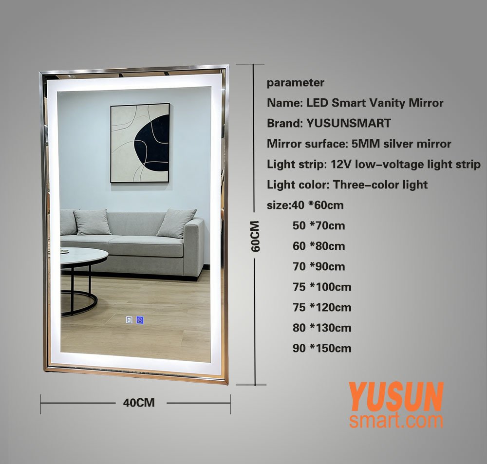 LED Smart Vanity Mirror Specifications & Size Options, 5MM Silver Mirror, 12V Low-Voltage LED Strip, Multiple Sizes 40x60cm to 90x150cm, YUSUN Smart