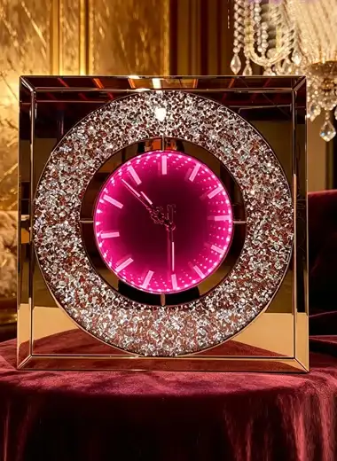 Infinity Mirror Clock YUSUN SMART luxury mirrored wall clock with crystal inlay and pink LED light