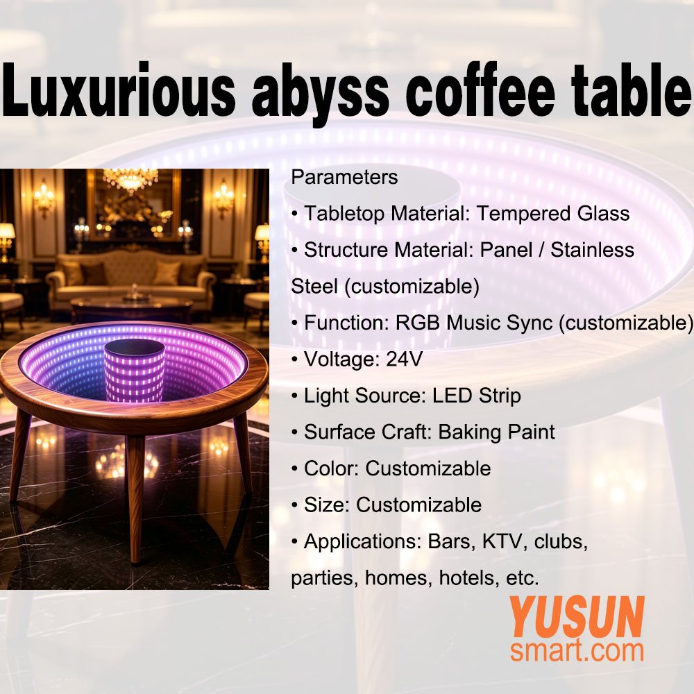 Luxurious abyss coffee table product spec sheet, RGB LED infinity mirror table parameters YUSUNSMART