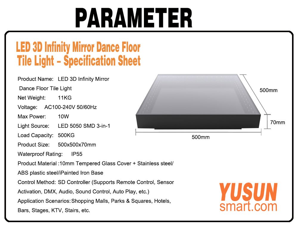 LED 3D Infinity Mirror Dance Floor Tile Light - Specification Sheet