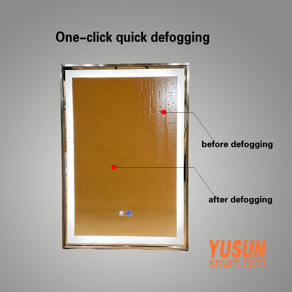 smart led bathroom mirror with defogger Before After Comparison, Instant Steam Removal Function, YUSUN Smart