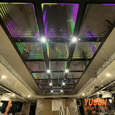 Modular infinity mirror tiles ceiling installation, YUSUN SMART 3D abyss mirror ceiling panel for commercial club decoration
