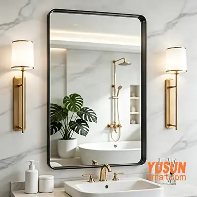 Rounded Black Frame Bathroom Mirror | Modern Hotel Mirror