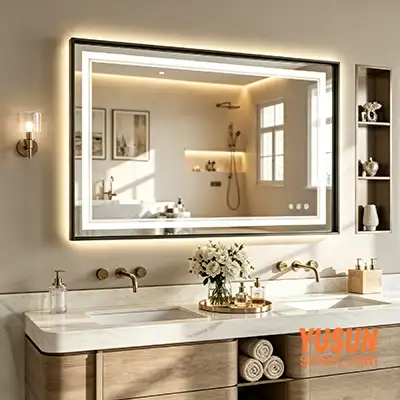 Wood Tone LED Vanity Mirror | Warm Neutral Hotel Bathroom Mirror