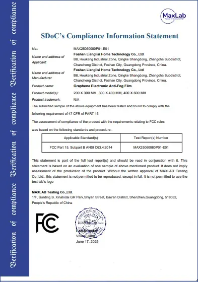 YUSUN SMART FCC compliance certification for smart mirror electronic defogging film, MaxLab test compliance statement document