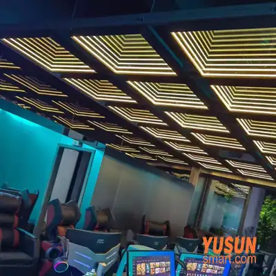 Custom LED infinity mirror tile ceiling for gaming room interior, YUSUN SMART modular tunnel mirror ceiling project