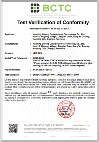 BCTC official CE EMC test verification report for YUSUN SMART LED strip light used in infinity mirror products