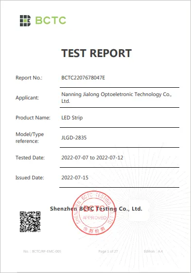 BCTC test report and declaration of conformity for LED strip, certified component for smart LED mirror and 3D infinity mirror